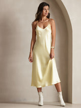 [Light Yellow] SilkSilky  Spaghetti Strap V Neck Nightgown 001