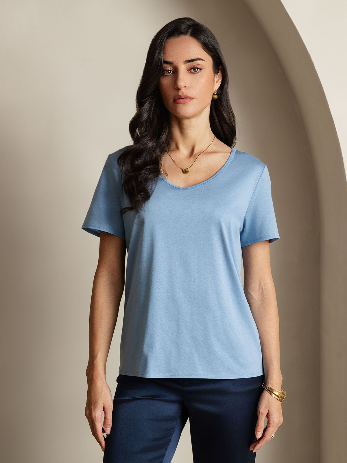 SilkSilky Silk Blend Short Sleeve V Neck Women's T-Shirt Blue 001