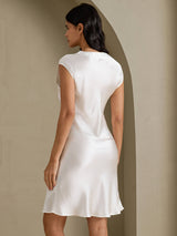 [White] SilkSilky  Cap Sleeve V Neck Dress 002
