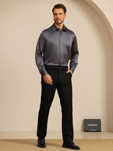 [Dark Gray] SilkSilky 19Momme Stretch Silk Charmeuse Long Sleeve Lapel Collar Men's Shirt 008