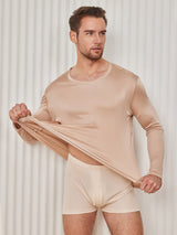[Beige] SilkSilky  100% Silk Jersey Long Sleeve Round Neck Men's T-Shirt 002