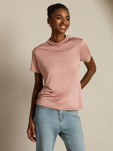 [Pink] SilkSilky  100% Silk Jersey Short Sleeve Mock Neck Women's T-Shirt 006