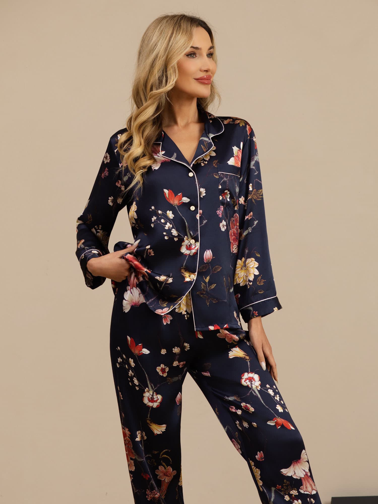 [Navy Floral] SilkSilky  Long Sleeve Notch Collar Women's Pajamas 005