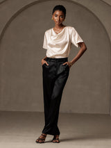 [Beige] SilkSilky  Short Sleeve Cowl Neck Women's Blouse 005