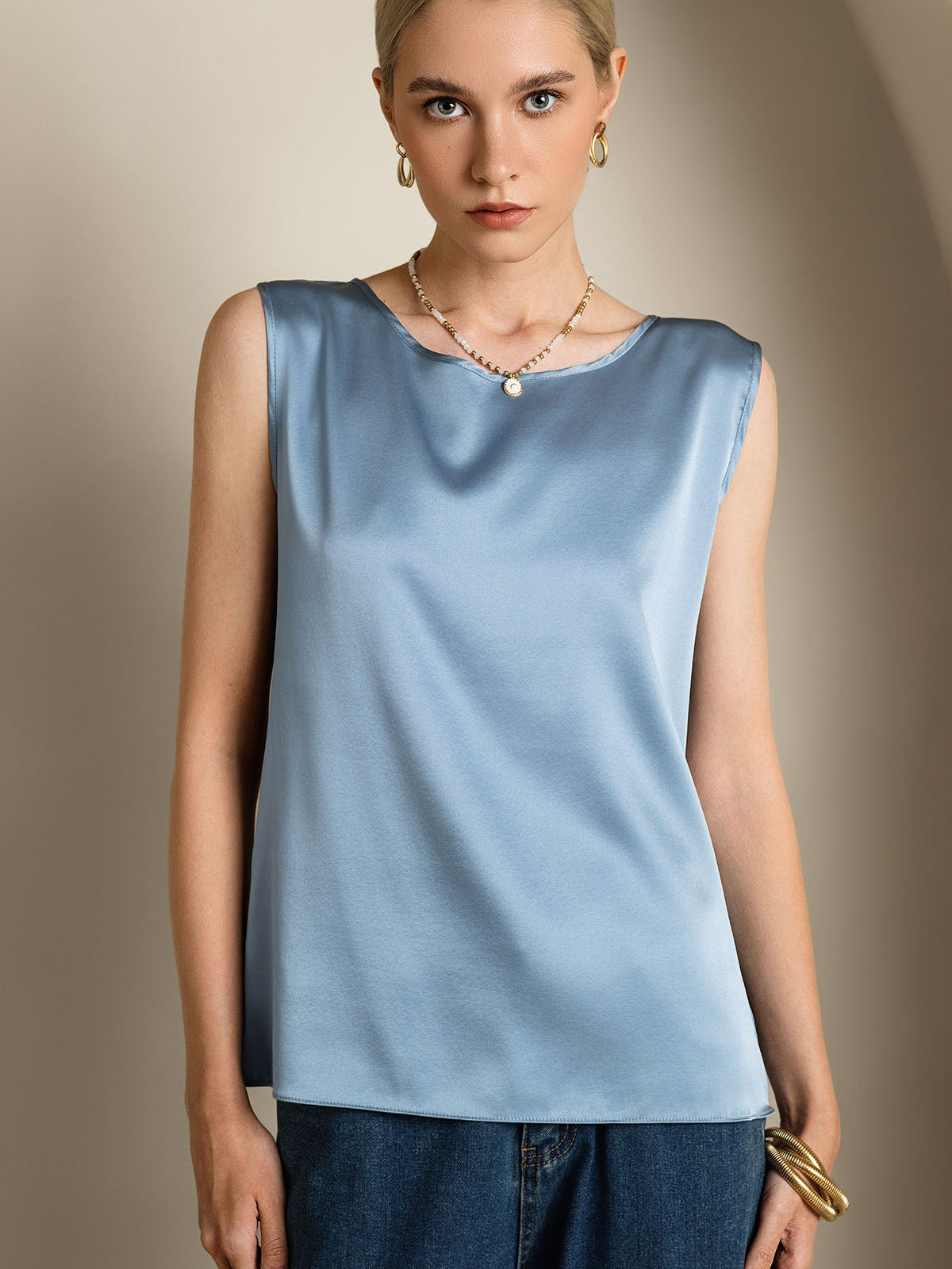 SilkSilky  19Momme Silk Sleeveless Round Neck Camisole Top GrayishBlue 005