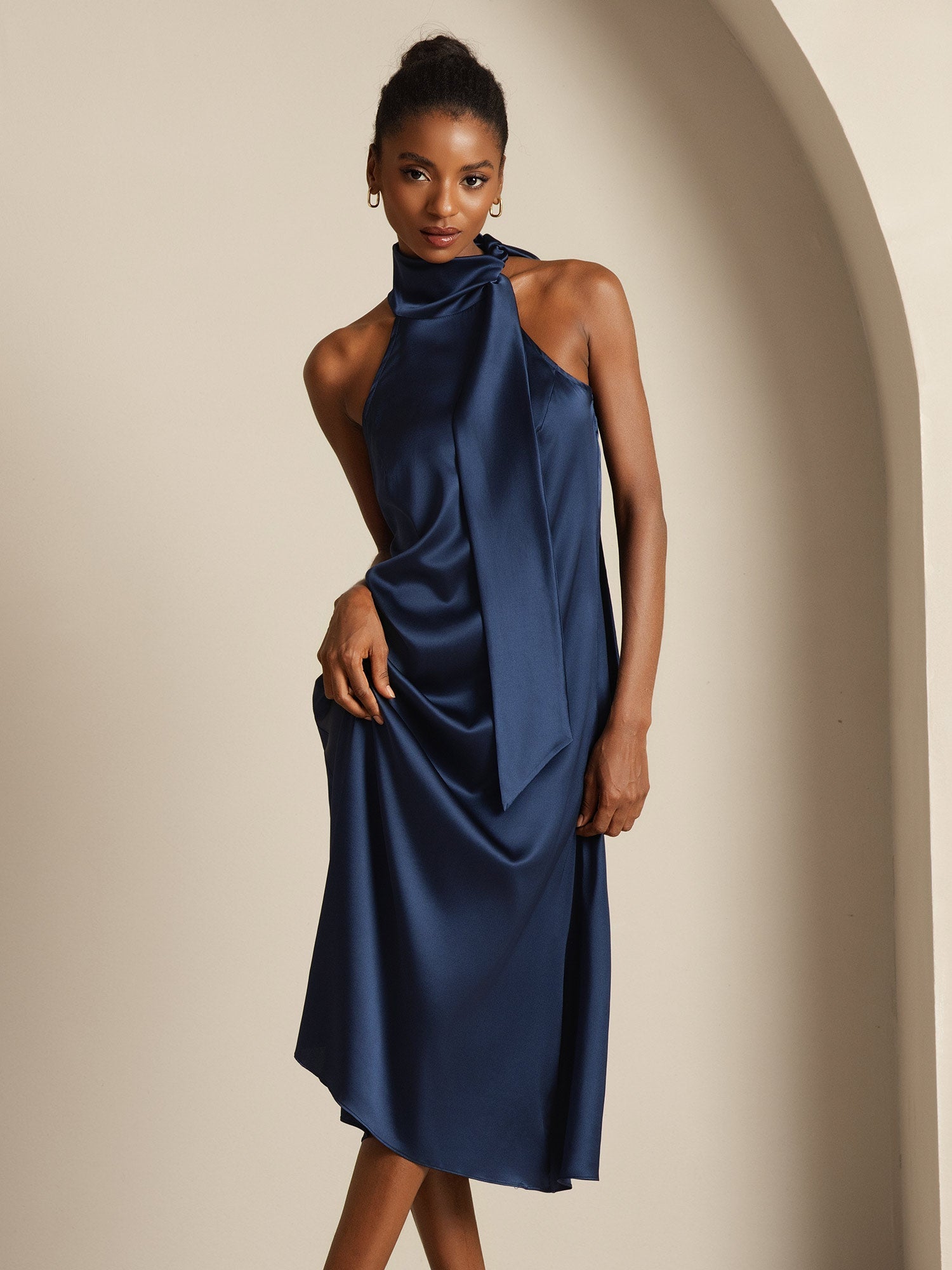 [Dark Blue] SilkSilky  19Momme Silk Tie Neck Dress 006,