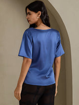 [Real Teal] SilkSilky  Short Sleeve Cowl Neck Women's Blouse 002