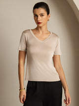 [Light Khaki] SilkSilky  Short Sleeve V Neck Women's T-Shirt 006