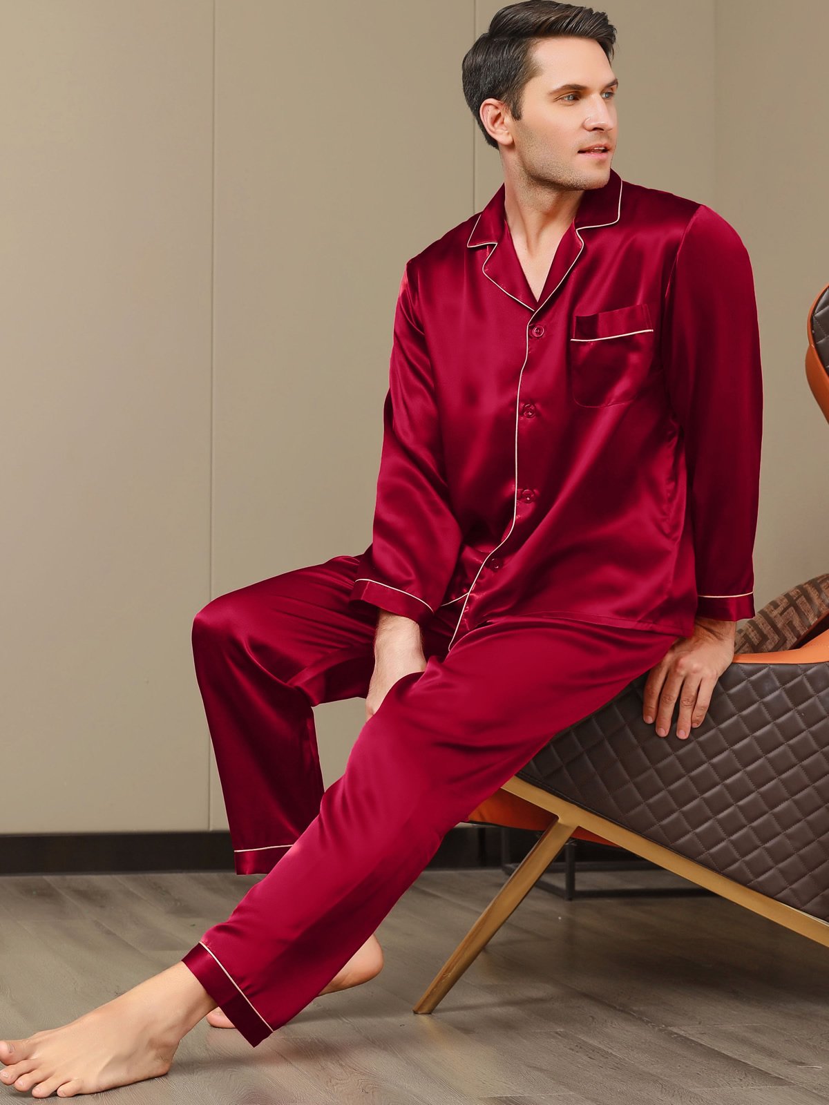 Silksilky Long Sleeve Silk Nightwear Men's Lapel Mens Satin