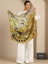 Silk scarf with leopard and floral print in vibrant color-blocking design, 90x90cm