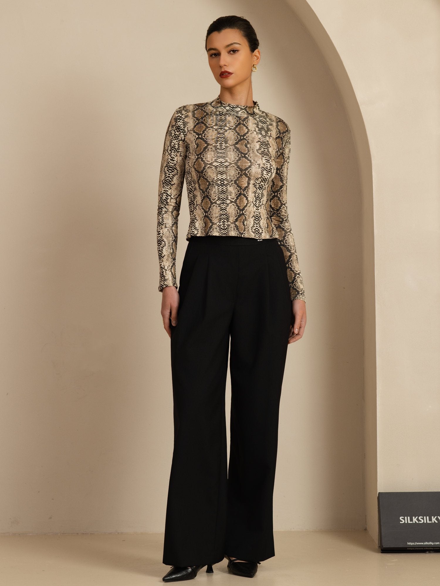 [Snakeskin] SilkSilky 100% Silk Jersey Long Sleeve Mock Neck Women's T-Shirt 007