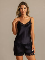 [Black] SilkSilky Spaghetti Strap V Neck Camisole Set 001