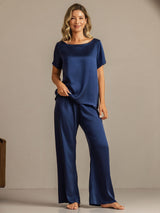 [Dark Blue] SilkSilky  19Momme Machine-Washable Silk Short Sleeve Women's Pajamas 004