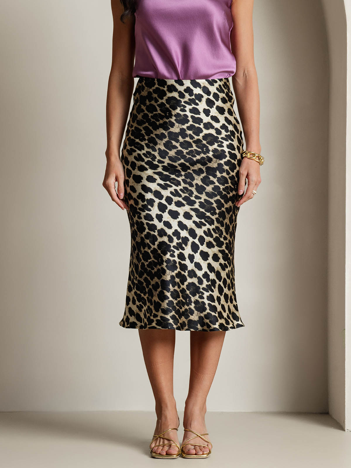 SilkSilky  19Momme Pure Silk Skirt Leopard 003