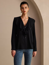 [Black] SilkSilky Long Sleeve Deep V Neck Women's Blouse 003