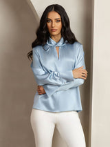 [Grayish Blue] SilkSilky  19Momme Silk Keyhole Neck Women's Shirt 006