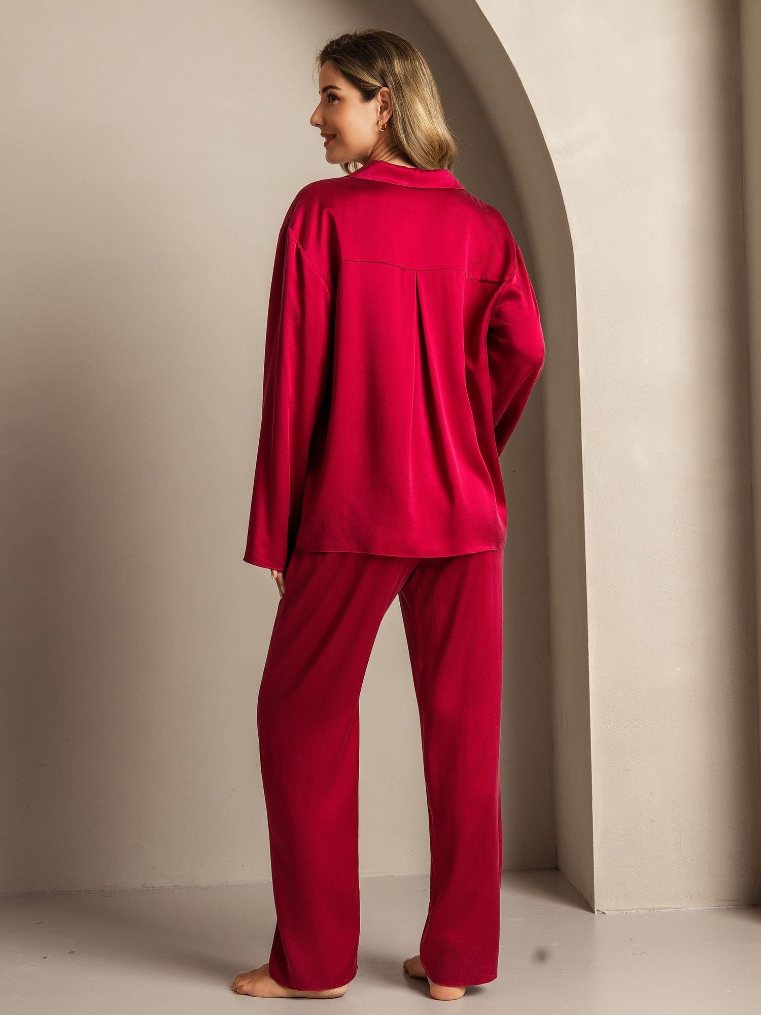 [Wine] SilkSilky 19Momme Silk Notched Neck Women's Pajamas 002