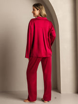 [Wine] SilkSilky  19Momme Machine-Washable Silk Long Sleeve Notch Collar Women's Pajamas 002