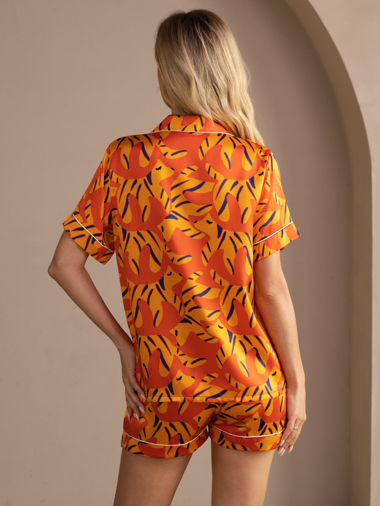 [Orange Fox] SilkSilky Short Sleeve Lapel Collar Women's Pajamas 002