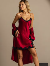 [Wine] SilkSilky  Half Sleeve V Neck Nightgown&Robe Set 007