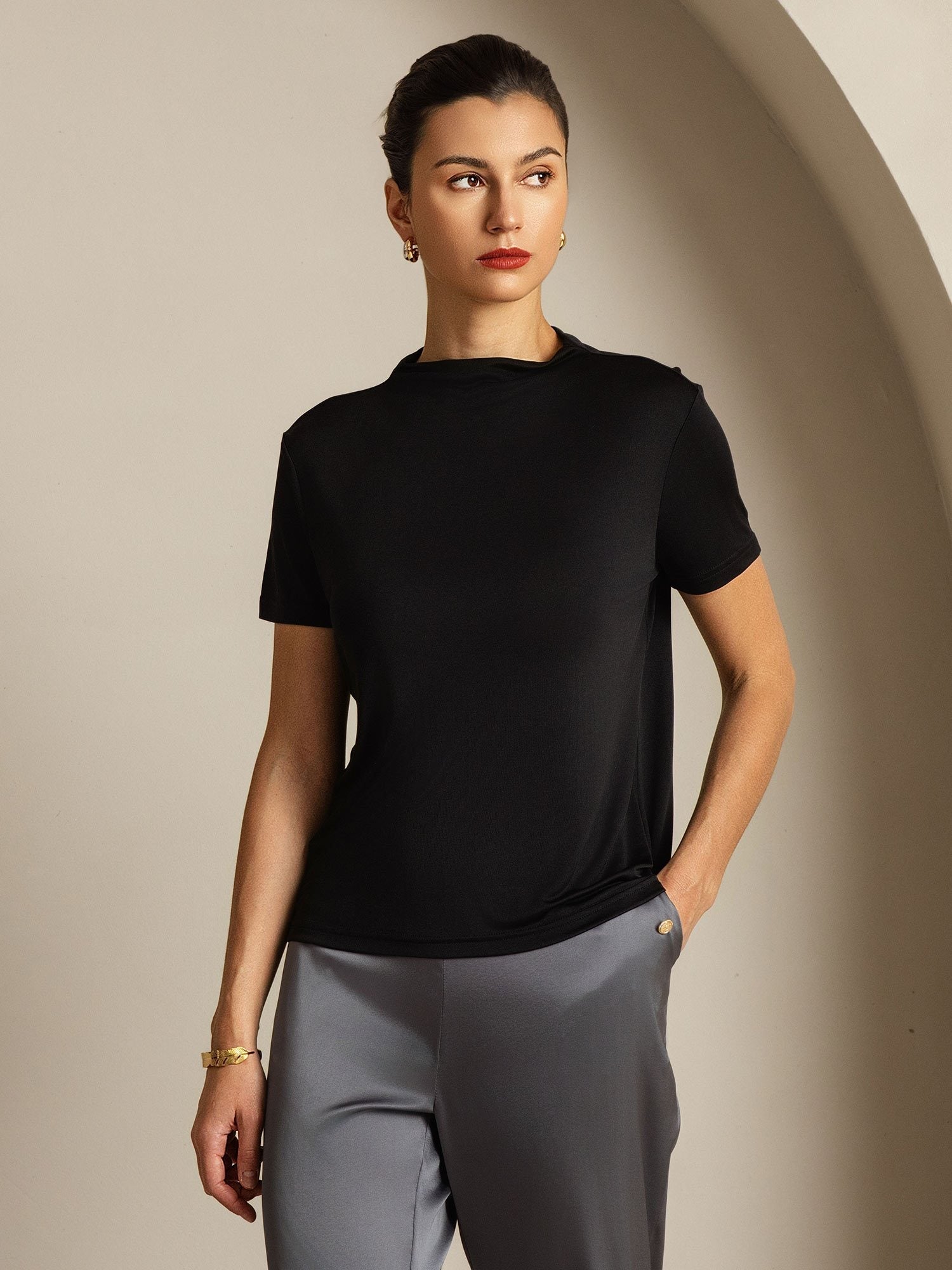 [Black] SilkSilky  Pure Silk Collar Women's T-Shirt 008