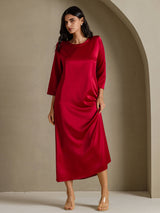 [Wine] SilkSilky 3/4 Sleeve Round Neck Dress 005