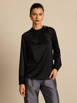 Women’s 19Momme silk blouse with gathered round neck and long sleeves