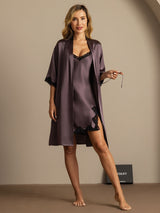 [Purple Gray] SilkSilky  Half Sleeve V Neck Nightgown&Robe Set 003