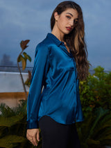 [Teal] SilkSilky  Long Sleeve Lapel Collar Women's Shirts 003