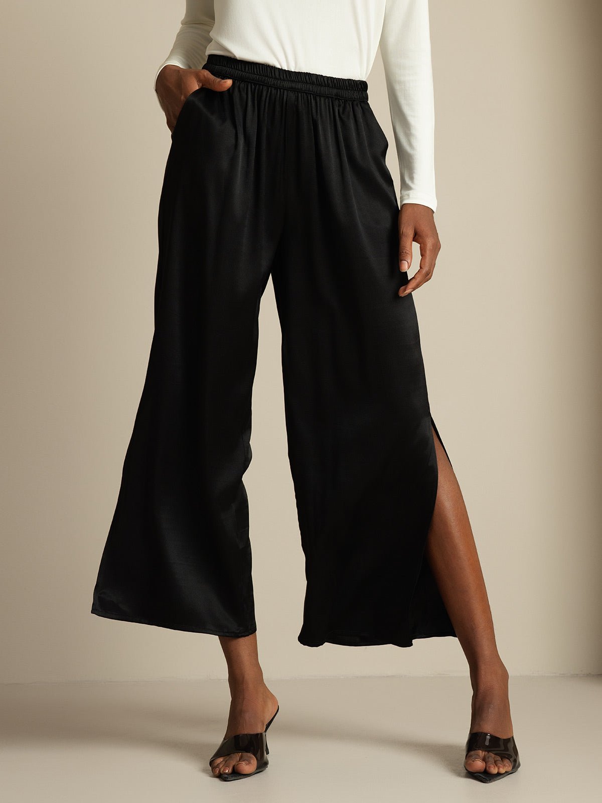 [Black] SilkSilky  19Momme Silk Split Women's Pants 001,