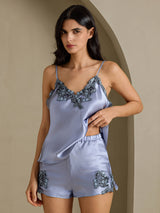 [Steel Blue] SilkSilky  Spaghetti Strap V Neck Camisole Set 001