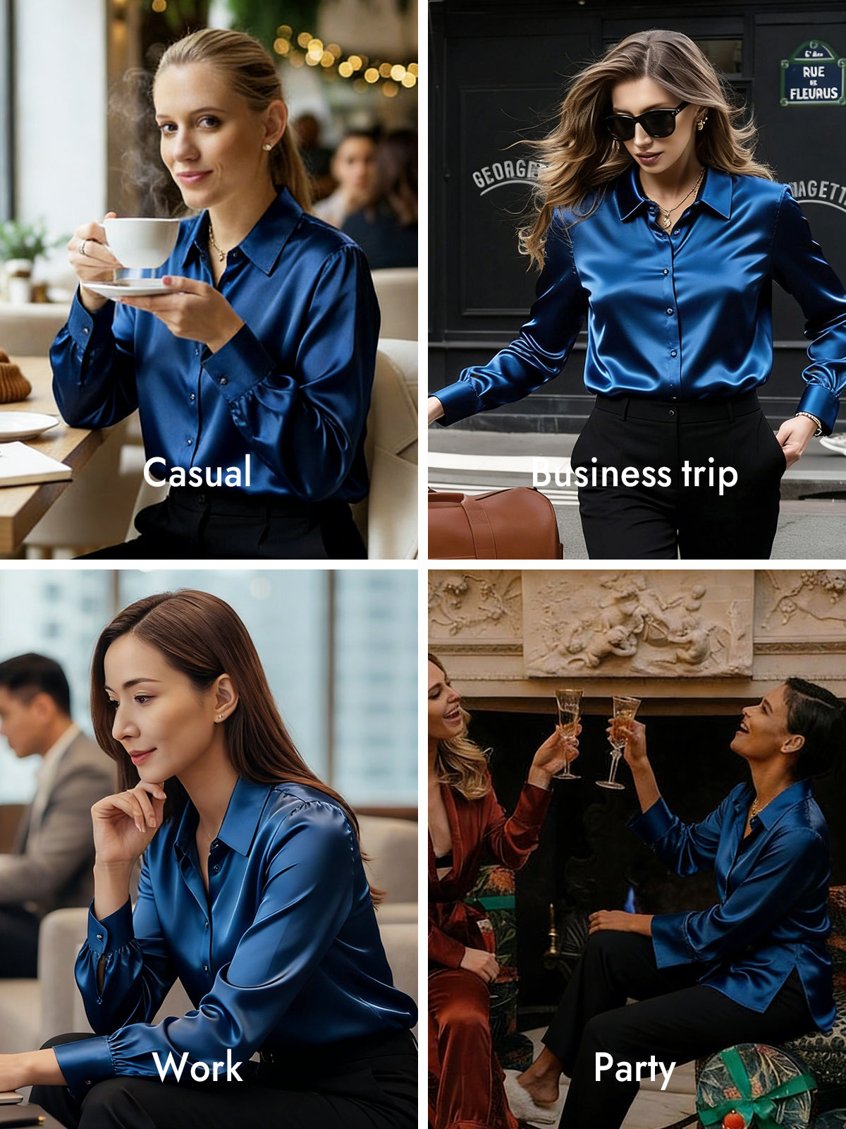 [Teal] SilkSilky  Silk Long Sleeve Lapel Collar Women's Shirt 009