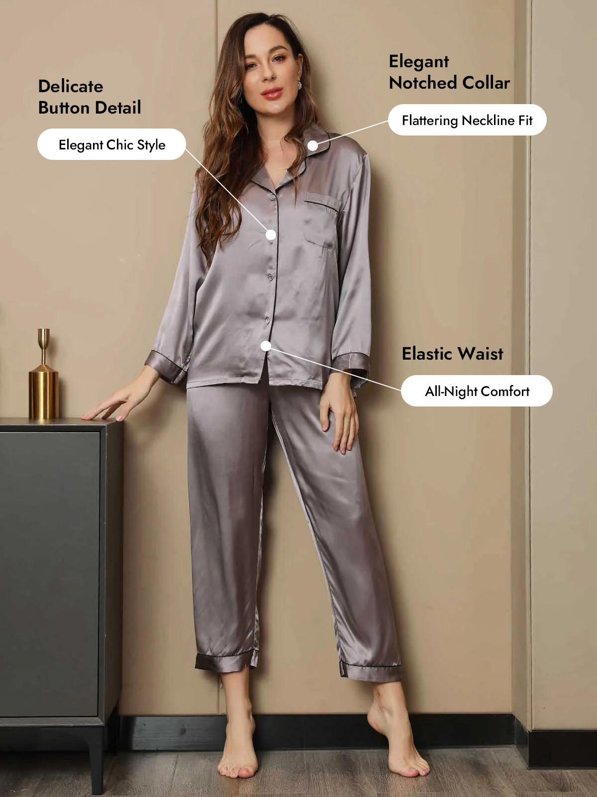 [Gray] SilkSilky  Silk Long Sleeve Notch Collar Women's Pajamas 005