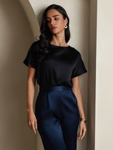 [Black] SilkSilky  19Momme Stretch Silk Charmeuse Short Sleeve Boat Neck Women's T-Shirt 005