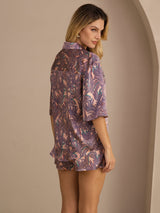 [Pink Palm] SilkSilky  Half Sleeve Lapel Collar Women's Pajamas 002