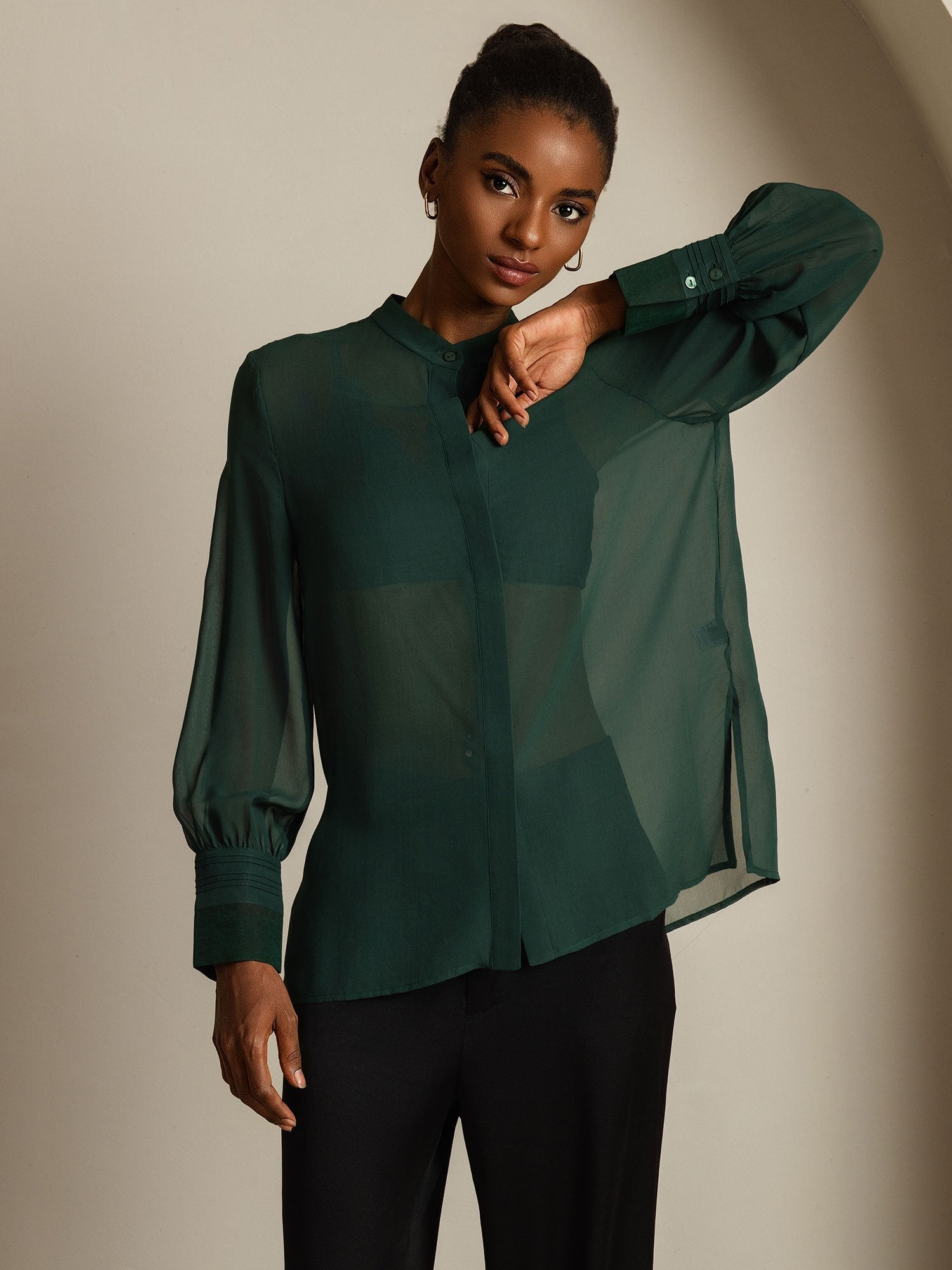 [Dark Green] SilkSilky  Pure Silk Split Women's Shirt 008