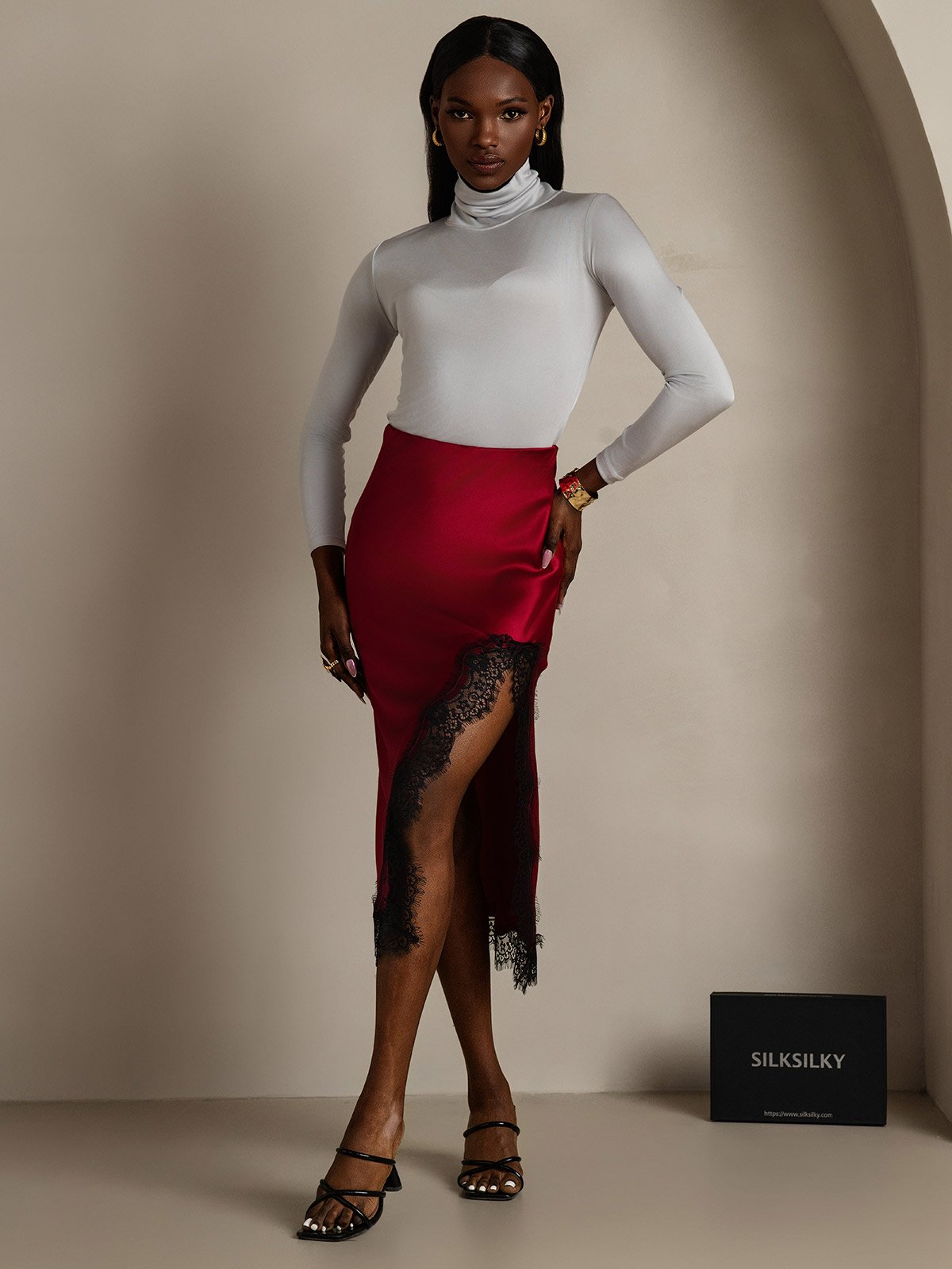 [Wine] SilkSilky  19Momme Silk Split Skirt 001