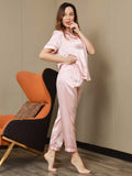 SilkSilky US Pure Silk Short Sleeve Lapel Women's Pajamas Pink 005