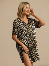 [Leopard] SilkSilky  Silk Short Sleeve V Neck Nightgown 003