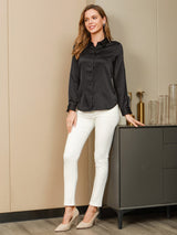 [Black] SilkSilky  19Momme Stretch Silk Charmeuse Long Sleeve Lapel Collar Women's Shirt 004