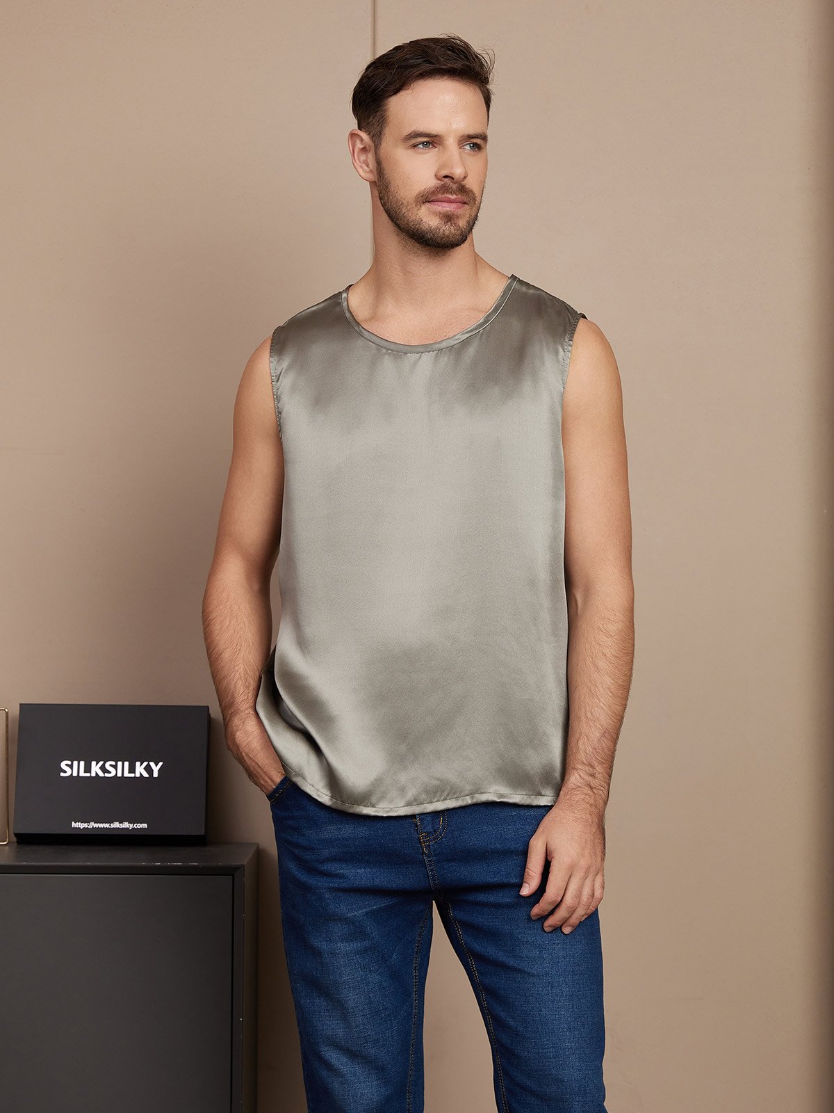 [Grayish Green] SilkSilky  Pure Silk Sleeveless Mens T-Shirt 005
