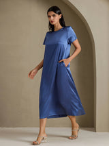 [Real Teal] SilkSilky  Short Sleeve Crew Neck Dress 001