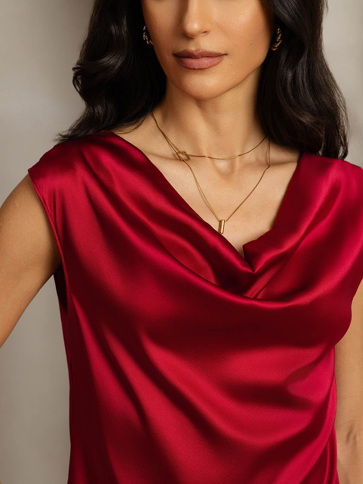 [Wine] SilkSilky  19Momme Silk Cowl Neck Women's T-Shirt 005