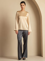[Champagne] SilkSilky  19Momme Stretch Silk Charmeuse Long Sleeve Boat Neck Blouse 007