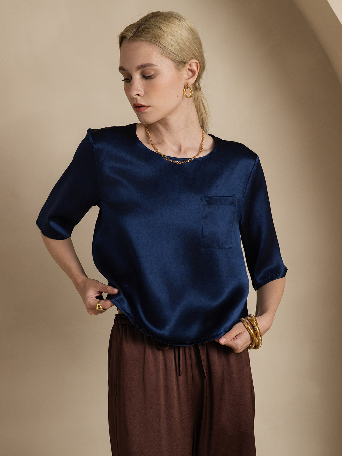 [Dark Blue] SilkSilky  Pure Silk Boat Neck Women's T-Shirt 005