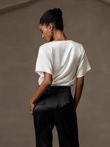 [White] SilkSilky  Short Sleeve Cowl Neck Blouse 002