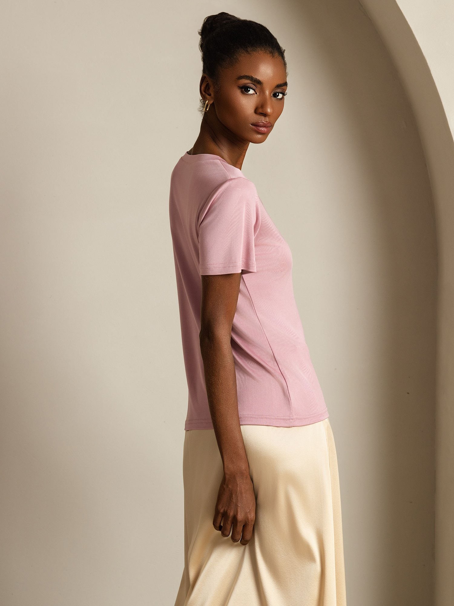 [PaleMauve] SilkSilky Pure Silk V Neck Women's T-Shirt 006