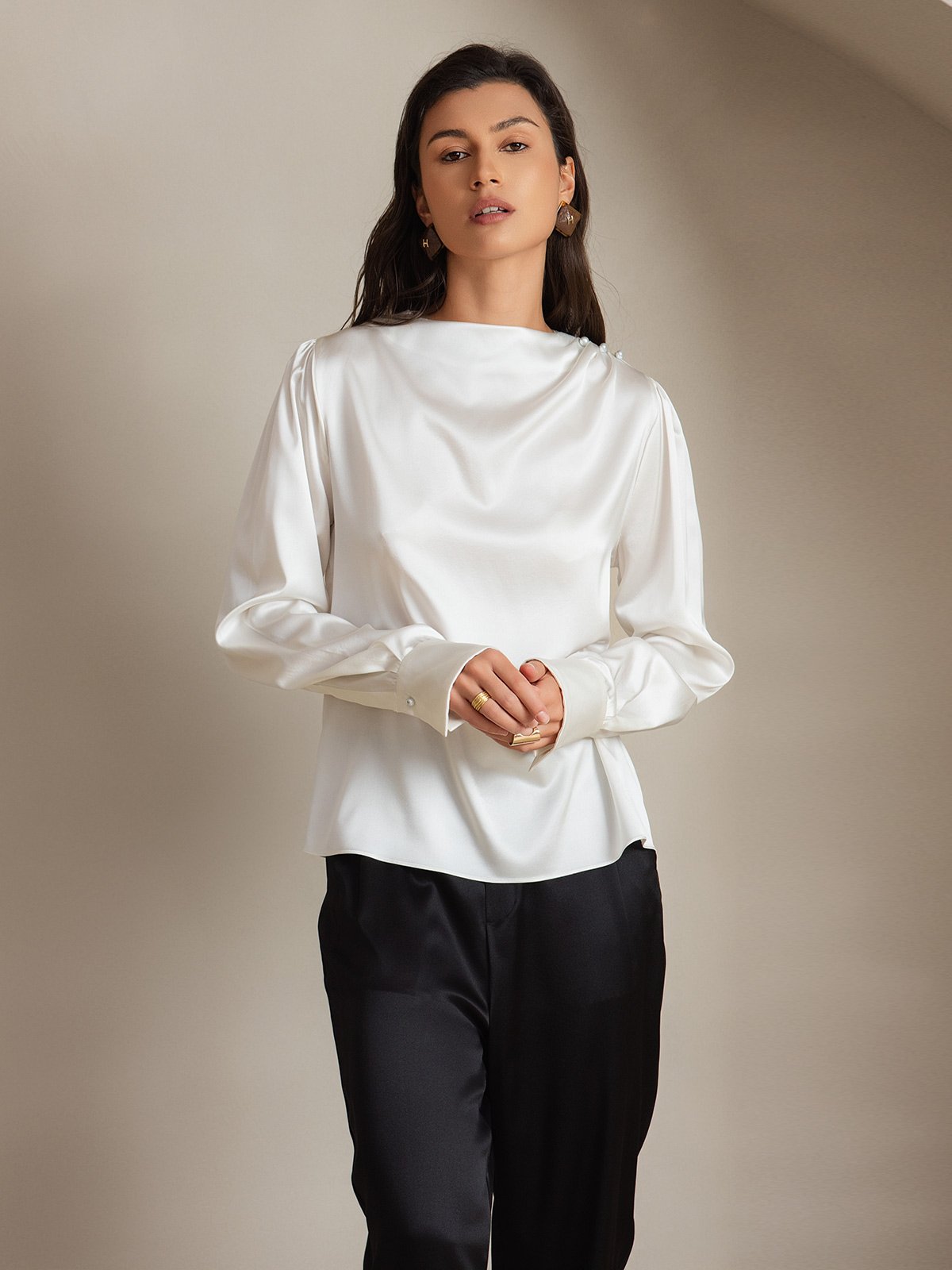 [White] SilkSilky  19Momme Silk Boat Neck Women's Shirt 005