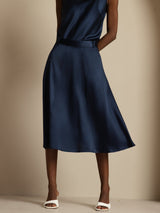 [Dark Blue] SilkSilky  19Momme Stretch Silk Charmeuse Skirt 003