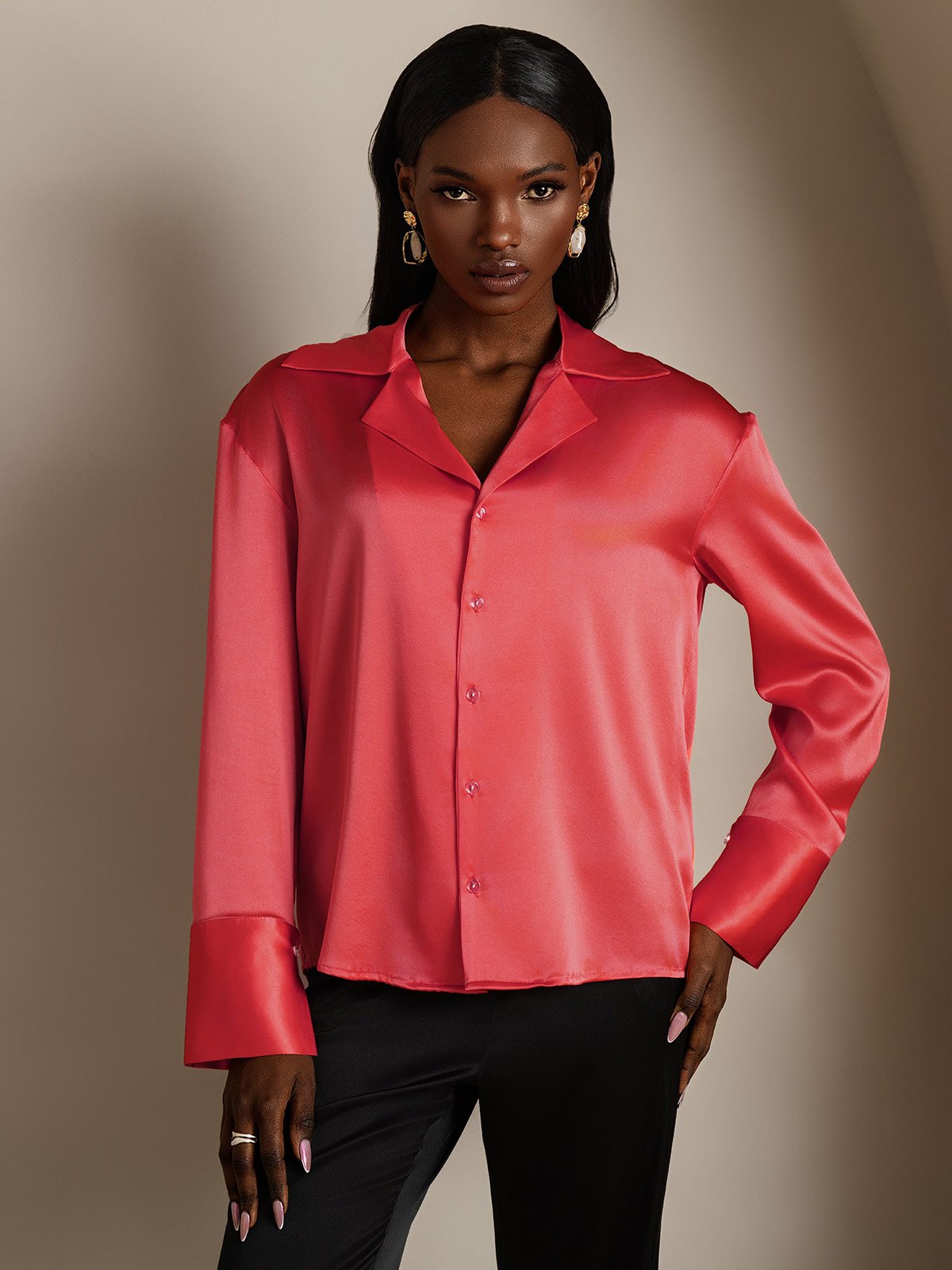 SilkSilky 19Momme Silk Long Sleeve Lapel Women's Shirt ImperialRed 001